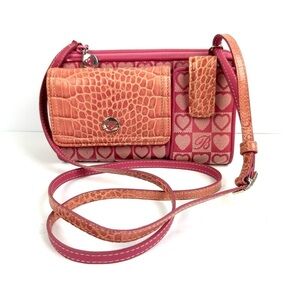 Brighton Crossbody Wallet Pink Mix Croc Canvas Leather Hearts Purse Vintage